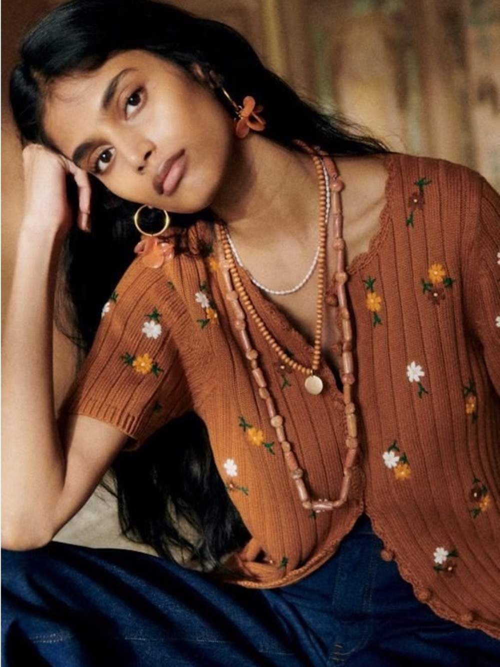 Sézane Embroidered Ribbed Short-Sleeve Cardigan - Camel